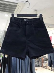 Quần Short Denim Cạp Cao Màu Đen Cho Nữ Mùa Hè 2024 Quần Ống Rộng Dáng Chữ a Rộng Rãi Quần Ống Thẳng Quần Bó