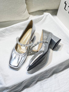 Giày Cao Gót Da Thật Màu Bạc Cho Nữ Giày Cao Gót Mary Jane Đế Dày Đính Ngọc Trai Giày Đơn Thời Trang Thường Ngày