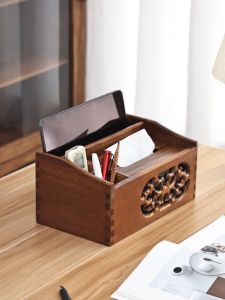 Teak Tissue Box Cover Tablet PC Holder Remote Control Phone Holder Multi-Function Desktop Organizer