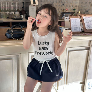 Amobaby Girls Sleeveless T-shirt Lace Trimmed Inner Wear Korean Style Cotton Linen Blend Breathable Summer Top for Kids