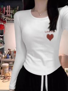 Apricot round Neck Heart Printing Shoulder Long Sleeves T-Shirt Womens Spring & Fall New Arrival Niche Style Chic Slim-Fit Crop-Top Trendy