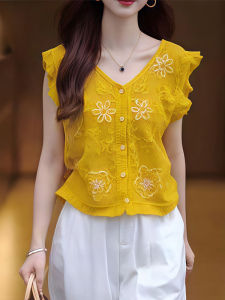 Shalldoer | เสื้อเชิ้ตแขนกุดคอวีสีเหลืองสไตล์เกาหลีสำหรับผู้หญิงในช่วงฤดูร้อน เสื้อเชิ้ตแขนกุดทรงเข้ารูปแบบน่ารักและลดอายุ