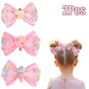 2Pcs Cartoon Lollipop Bows Hair Clips For Girls Sweet Pink Striped Ribbon Barrettes Baby Kids Children Cute Headwear Accessories