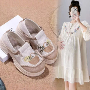 Maternity Shoes Womens Slip-On Anti-Slip Comfortable Loose Fit Spring Summer Breathable Embroidered Fashion Flat Casual Loafers