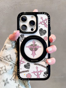 Sweet Cool Heart Cross Magnetic Absorption Phone Case for Apple 16ProMax New Model 360 Rotation Stand Creative Silicone Protective Cover for iPhone 15Pro