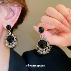 Vintage Silver Needle Black Gold Diamond Embedded Earrings Personality Fashionable Drop Earrings High-End Sensation Ear Jewelry