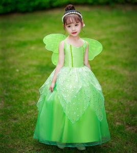 ชุดทิงเกอร์เบลล์ดิสนีย์สำหรับเด็กผู้หญิงชูดเดรสแฟนซีเจ้าหญิง Tinkerbell นางฟ้าสีเขียว 2-8Y สำหรับการหญ้า ชุดคอสเพลย์
