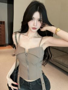 GUZILIAN | Fishbone Design Spaghetti Strap Zipper Underwear Summer Top