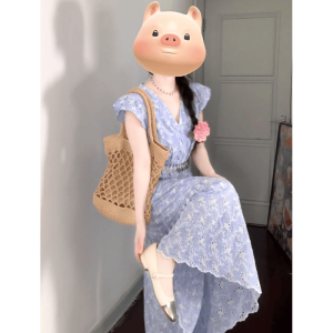 French Style Floral Embroidery Hollow out Waist Cinching Summer Long Dress V Neck Short Sleeve a Line Skirt for Young Women