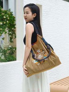 Embroidered Nylon Shoulder Bag with Large Capacity