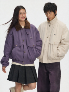 JNXS | Áo Khoác Bomber Rửa Phai Retro Có Cổ Lông cho Mùa Đông