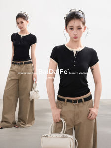 BAIDAIFEI | Slim Fit Henry Collar Faux Two-Piece Short Sleeve T-Shirt