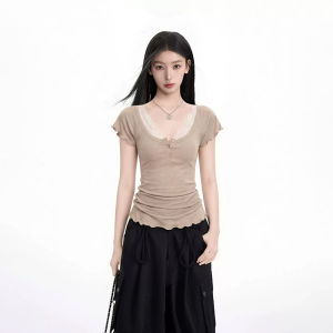 BAIDAIFEI | Short Sleeve U-neck Big Collar T-Shirt Wooden Lace Trim Small Puffed Sleeves Tight Fit