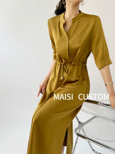 Elegant Belted Dress Womens Summer New Style Slimming Long Acetate Satin Skirt Korean Style V-neck A-line Dress Polyester Fiber