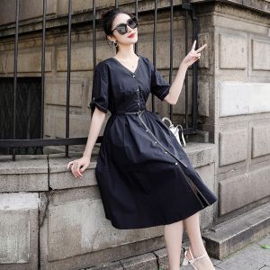 Elegant French V-neck Dress Womens Summer 2025 New High Waist A-line Skirt Cotton Soft Index All Seasons Short Sleeve Long Dress