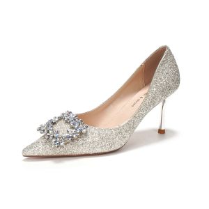 น่าทึ่ง รองเท้าหมั้นนิ้วเท้าชี้เพื่อนเจ้าสาวสวมใส่สองทางด้วย กระโปรง เลื่อมความรู้สึกระดับไฮเอนด์รองเท้าส้นสูงบาง