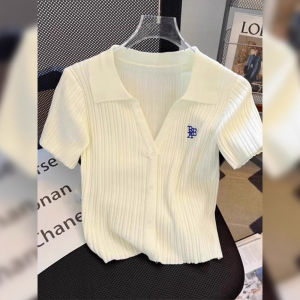 PAIBOLI | Knitted Short Sleeve Shoulder T-Shirt Womens White French Style Summer Fashion Top Small Size Petite Ladies Cotton Tee