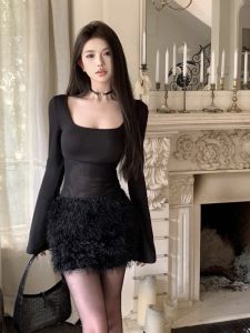 GUZILIAN | ชุดเดรสสั้นทรงเข้ารูปคอเหลี่ยมแขนยาวสีดำเซ็กซี่สำหรับผู้หญิง ผ้าตาข่ายผสมขนสัตว์รัดเอว ชุดทำงานสไตล์เกาหลีฤดูใบไม้ผลิ