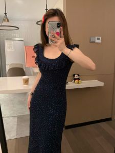 Vasse Polka Dot Summer Long Dress Short Sleeve U Neck French Style Design Lady Dress with Lace Hemline Slimming Effect