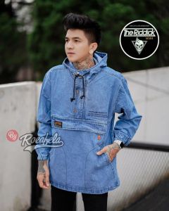 Jaket jeans pria dewasa Hoodie cagoule 3D rocafela bordier bahan soft jeans denim terbaru