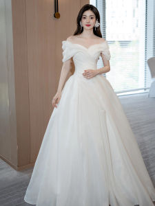 Elegant One-Shoulder Satin Wedding Dress Korean Style Bridesmaid Outdoors Lawn Party High Waist No Sleeve Neckline Floor Length