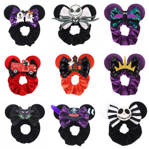 Disney Ears Halloween Hair Scrunchies Velvet Hairbands For Girls Sequins Bows Elastic Headband Women Kids Party Diy accessories