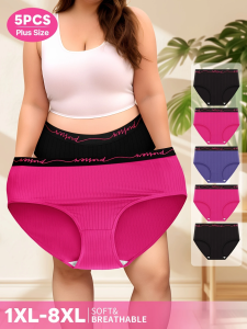 Pack of 5 Plus-Size WomenS Underwear with a Mid-Rise Design Featuring a Lettered Waistband And Vertical Stripes.