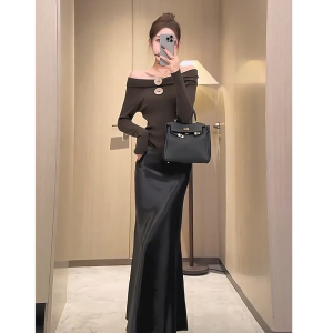 French Acetate Satin High Waist Fish Tail Half Skirt Womens Fashion Slimming A-Line Long Skirt Autumn New Style Commute