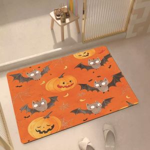 VIKAMA Halloween Doormat Cute Bat Pumpkin Cartoon Print Non‑Slip Floor Mat for Entryway Bathroom Spooky Home Decor