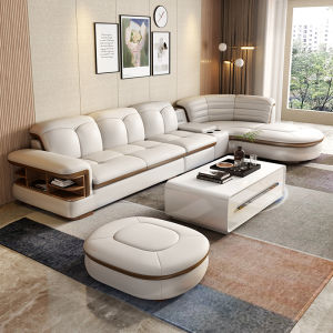 Curved Leather Sofa First Layer Cowhide Modern Minimalist Living Room Corner Wireless Charging Small Apartment Creative Leather Sofa