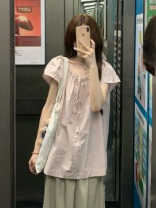 YUEZHONGWEI | Áo sơ mi nữ tay ngắn màu hồng phong cách Pháp ngọt ngào có thắt lưng thiết kế mùa hè dài vừa phải tay dài nhỏ áo sơ mi