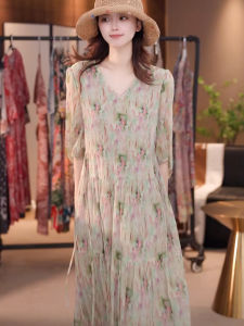 Summer New Green Floral Print Loose Womens Dress V-Neck French Style Holiday Vibes Casual Commute Friendly High Waist A-Line Skirt