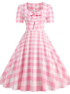 Hebe Retro Hong Kong Style Square Collar Butterfly Knot Plaid Polka Dot Short Sleeve Dress Morning Robe Dance Dress