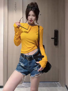 YUEZHONGWEI | Summer 2025 Yellow Round Neck Long Sleeve T-Shirt Womens Lightweight Outerwear Sunshade Cover Up Loose Fit Commute Style