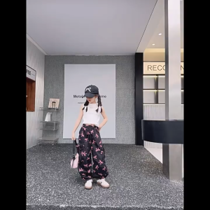 กางเกงคาร์โก้เด็กผู้หญิง กางเกงเด็กผู้หญิง การออกแบบโบว์ เอวสูง เอวยางยืด หลวม ดำ / ขาว เหมาะสำหรับอายุ 7-15 ขวบ 【จัดส่งจากประเทศไทย】