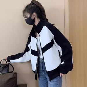 Premium Short Baseball Jacket Womens Spring Autumn 2025 New Color Block Casual Open Cardigan Top Female Polyester Cotton Blend Zipper Closure