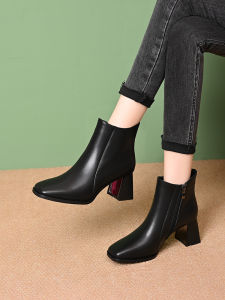 รองเท้าบูทส้นสูงหนังนิ่มสำหรับผู้หญิง ทรงหัวเหลี่ยม ด้านข้างเปิด ด้านในเป็นผ้าฝ้าย รองเท้าบูทฤดูใบไม้ผลิและฤดูใบไม้ร่วง