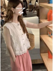 Sleeveless Lace Hollow-out Elegant Summer Women Blouse