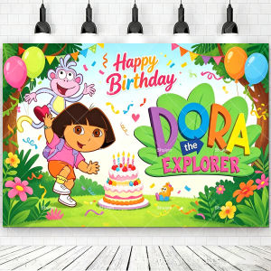 Potdemiel | Cartoon-Dora-The-Explorer Background Kids Birthday Decorations Party Supplies Baby Shower Banner Backdrop Photo Shoot Props Gift