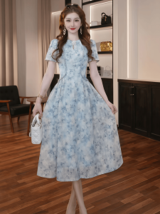Stunning Blue A-Line Dress Elegant High Waist Short Sleeve Summer Beauty ShangFeng Light Luxury Feel Wedding Party Dress