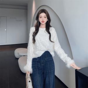 Áo Len Dệt Kim Dài Tay Màu Trơn Kiểu Dáng Dài Thường Ngày Mùa Thu Đông Cho Nữ Chất Liệu Polyester Cổ Tròn Tay Dài