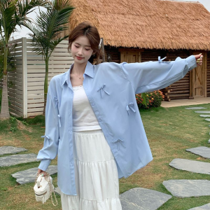 Kemeja Wanita Lengan Panjang T-shirt Longgar Atasan Desain Pita Kain Tipis