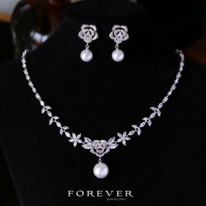Elegant Pearl Zircon Necklace Earring Set Bridal Evening Wedding Dress Korean Style Jewelry Accessories Shiny Alloy Floral Pattern