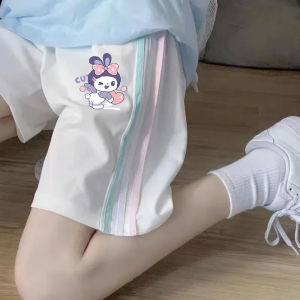 Girls Cotton Short Pants Summer Outfit Childrens Sporty Thin Outerwear Cartoon Print mid Waist Four-Way Stretch Kids Trousers