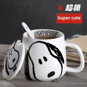 Snoopy Ceramic Mugs with Lid Spoon Office Coffee Drinking Water Cups Men Women Couples Cartoon Cups Durable Single Ear Handle