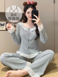 Sweet Knitted Cotton Sleepwear Womens Long Sleeve Long Pants Home Clothes Two-Piece Outdoor Wearable Comfortable Soft Material