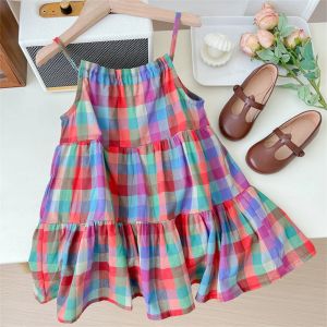 Bear Leader | Summer New 3-7 Years Girls Casual Colorful Plaid Print Strappy Sleeveless A-Line Princess Dress 1 Pc Kids Fashion Cute Clothes