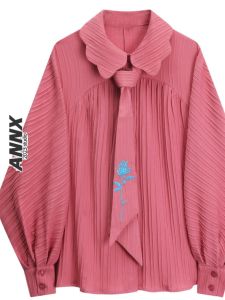 เสื้อเชิ้ตแขนยาวลายดอกไม้สีชมพูสไตล์ฝรั่งเศสหลวมๆ สไตล์ย้อนยุคขนาดใหญ่สำหรับผู้หญิงไซส์ใหญ่ เสื้อเชิ้ตแฟชั่นสำหรับใส่ทำงาน