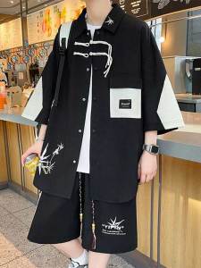 New Chinese Style Loose Fit Short Sleeve Shirt And Shorts Set for Men Summer Trendy Brand Two Piece Suit Casual Sportswear