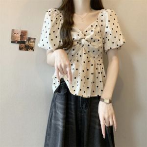 Sweet Bubble Sleeve V-Neck Chiffon Shirt Women Summer plus Size Slimming Waist Cinched Belly Covering Polka Dot Top